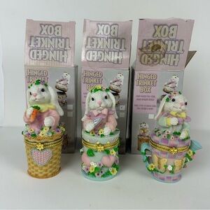 VTG '2000  NOS Set of 3 Hand-Painted Poly-Stone Hinged Trinket Boxes w/ bunny